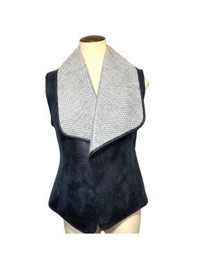 Rw&CO Vest Sz M Black Pu Leather Gray Knit Collar Wool Blend Sleeveless Jacket